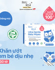 Khăn Ướt Dịu Nhẹ Em Bé BZU BZU Ultra Gentle Fragrance Free Baby Wet Wipes, 30 tờ