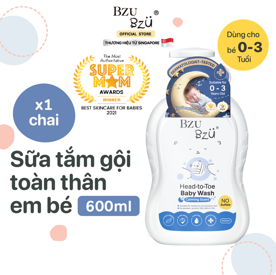 Sữa Tắm Gội Toàn Thân Cho Bé BZU BZU Head to Toe Baby Wash 600ml (Hương thư giãn)
