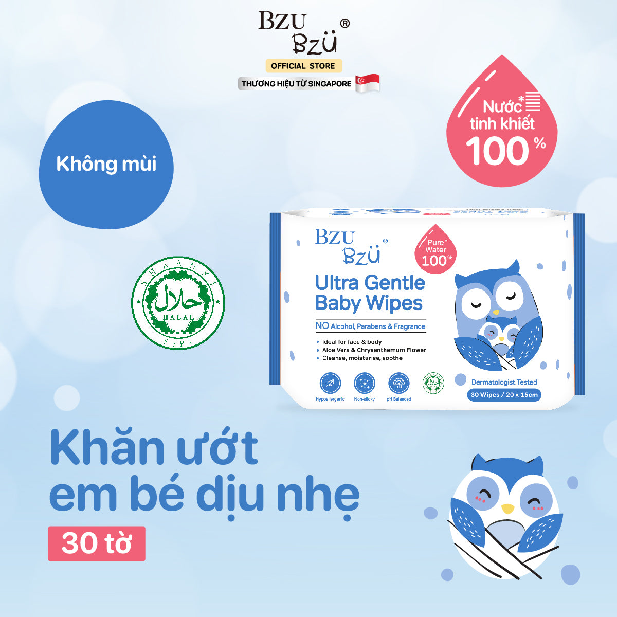 Khăn Ướt Dịu Nhẹ Em Bé BZU BZU Ultra Gentle Fragrance Free Baby Wet Wipes, 30 tờ