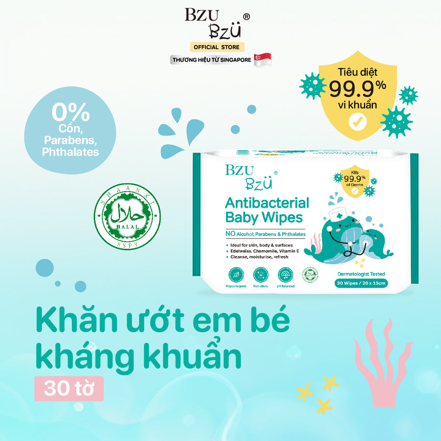 Khăn Ướt Diệt Khuẩn Cho Em Bé BZU BZU Baby Wipes, 30 tờ