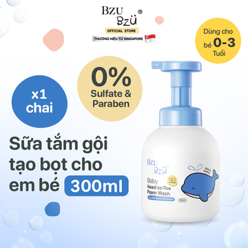 Sữa tắm gội toàn thân tạo bọt cho bé (Lô hội & Cúc La Mã) BZU BZU Baby Head-to-Toe Foam Wash (Aloe Vera & Chamomile) - 300ml