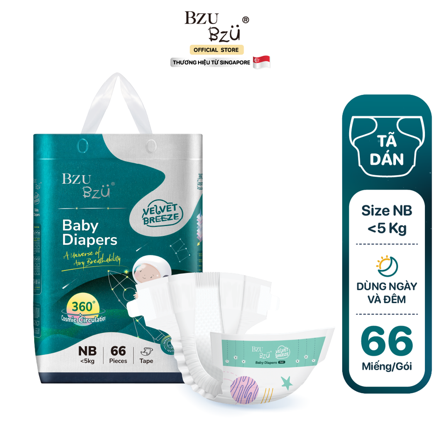 Tã dán dành cho bé sơ sinh BZUBZU VelvetBreeze - Chống tràn 14H - Khô thoáng - Size dưới 5Kg - 14Kg
