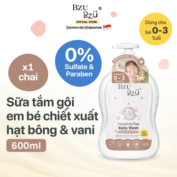 Sữa tắm gội toàn thân em bé (Tinh chất hạt bông & vani) BZU BZU Head-to-Toe Baby Wash (Cottonseed & Vanilla) - 600ml