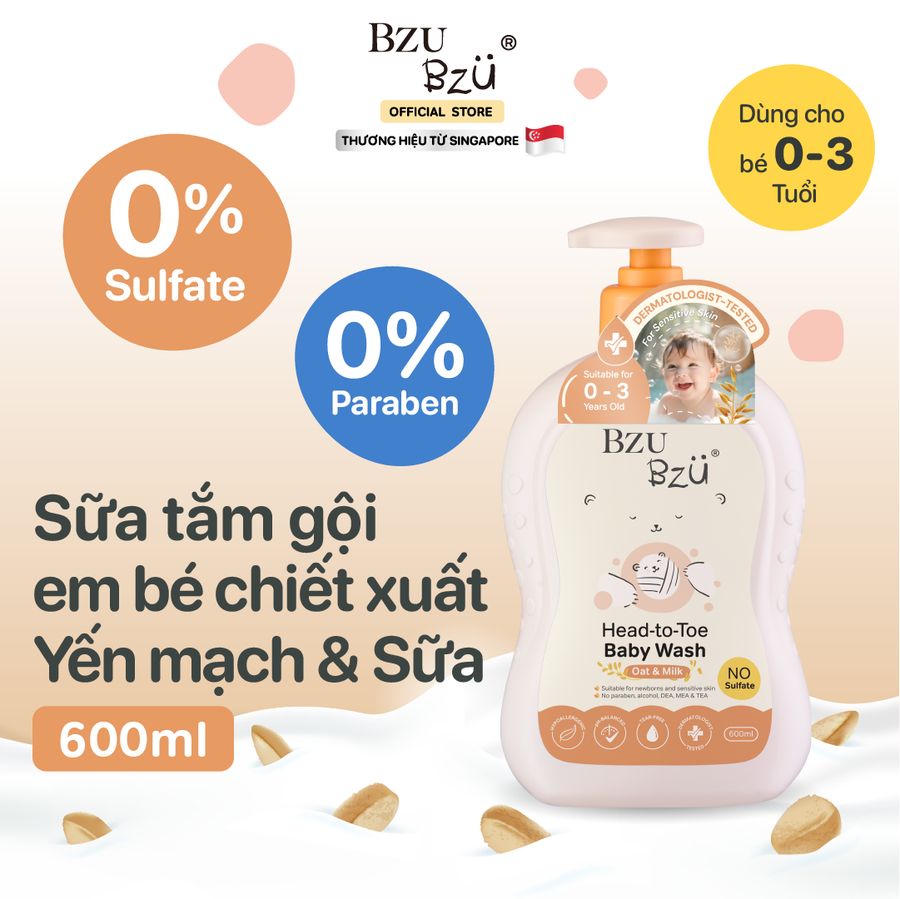 Sữa Tắm Gội Toàn Thân Cho Bé Hương Yến Mạch Sữa BZU BZU Head to Toe Oat & Milk, 600ml