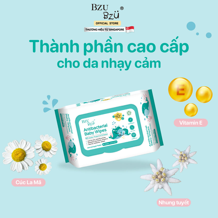 Khăn Ướt Diệt Khuẩn Cho Bé BZU BZU Baby Wipes, 80 tờ