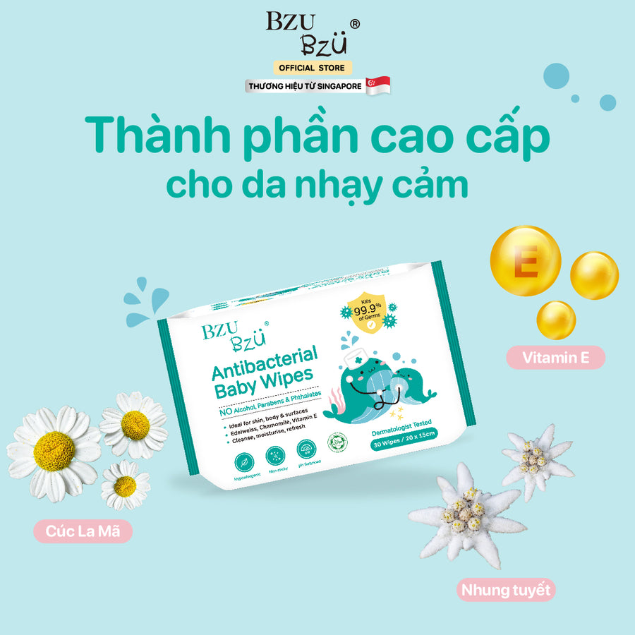 Khăn Ướt Diệt Khuẩn Cho Em Bé BZU BZU Baby Wipes, 30 tờ