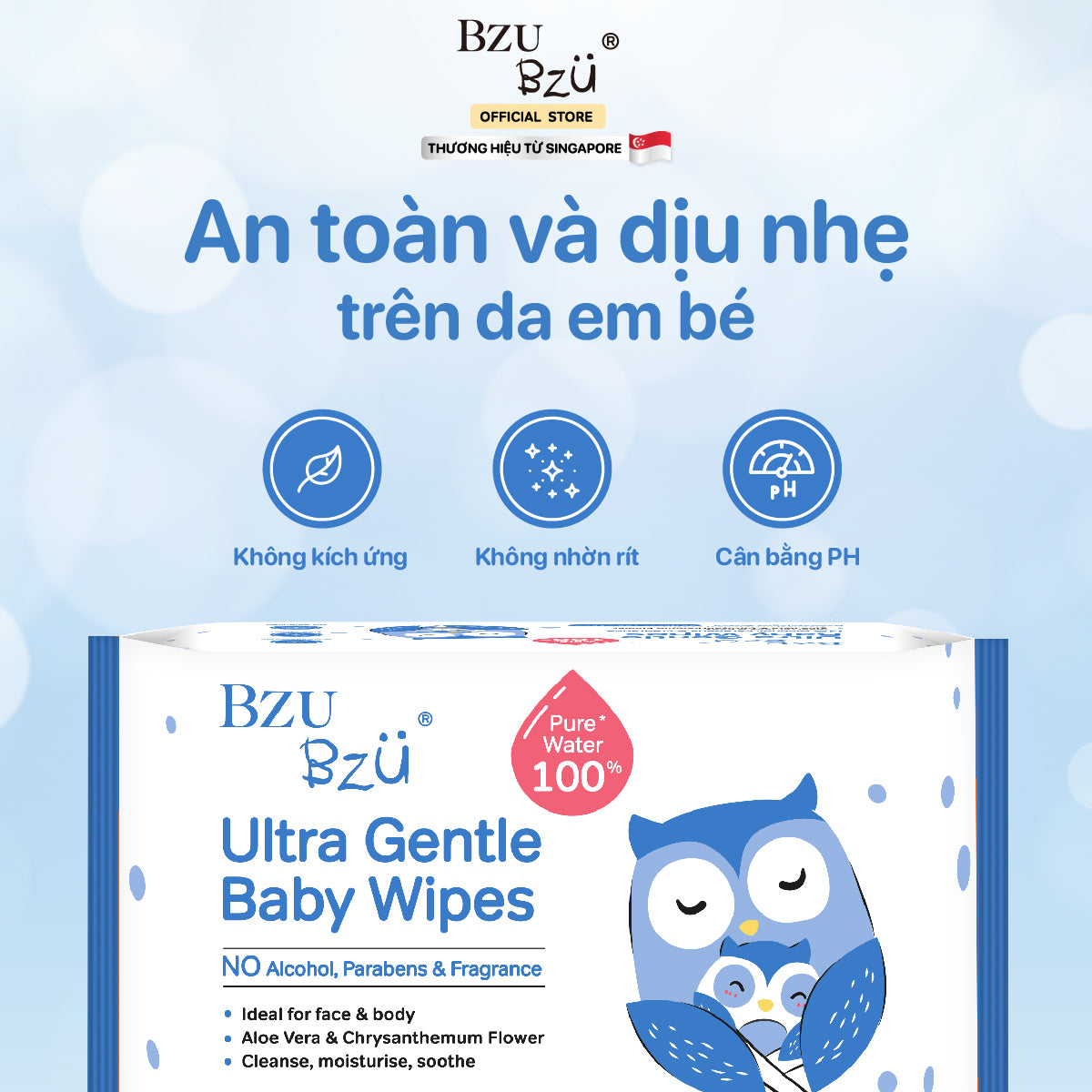 Khăn Ướt Dịu Nhẹ Em Bé BZU BZU Ultra Gentle Fragrance Free Baby Wet Wipes, 30 tờ
