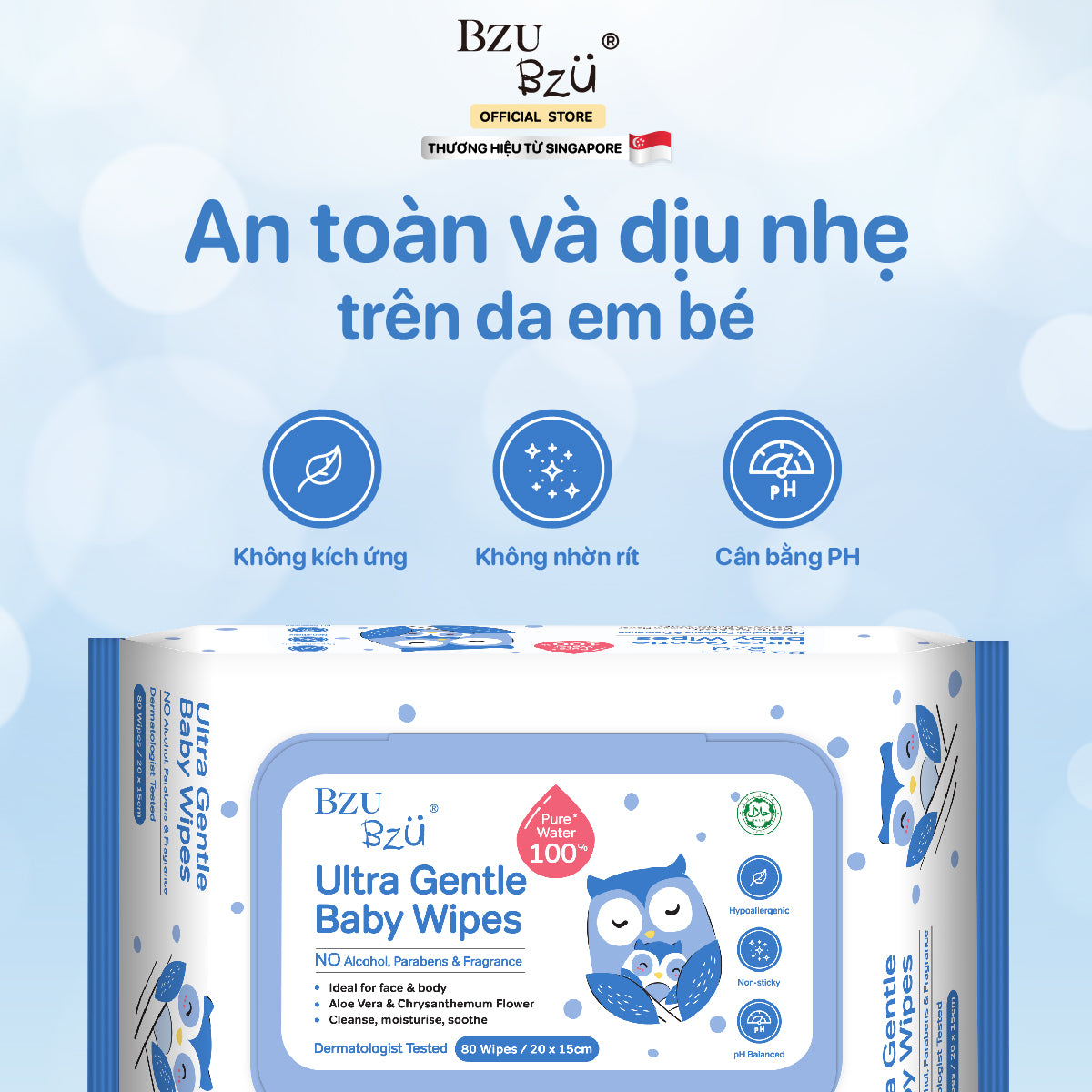 Khăn Ướt Dịu Nhẹ Em Bé BZU BZU Ultra Gentle Fragrance Free Baby Wet Wipes, 80 tờ