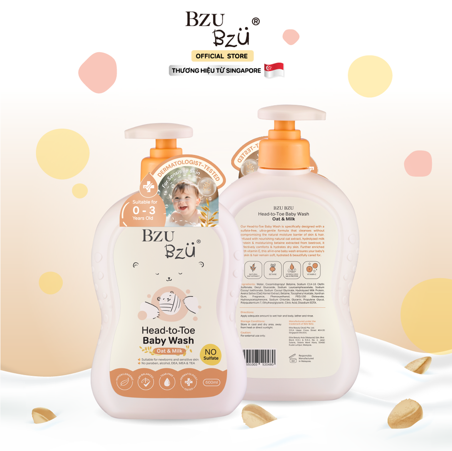 Sữa Tắm Gội Toàn Thân Cho Bé Hương Yến Mạch Sữa BZU BZU Head to Toe Oat & Milk, 600ml