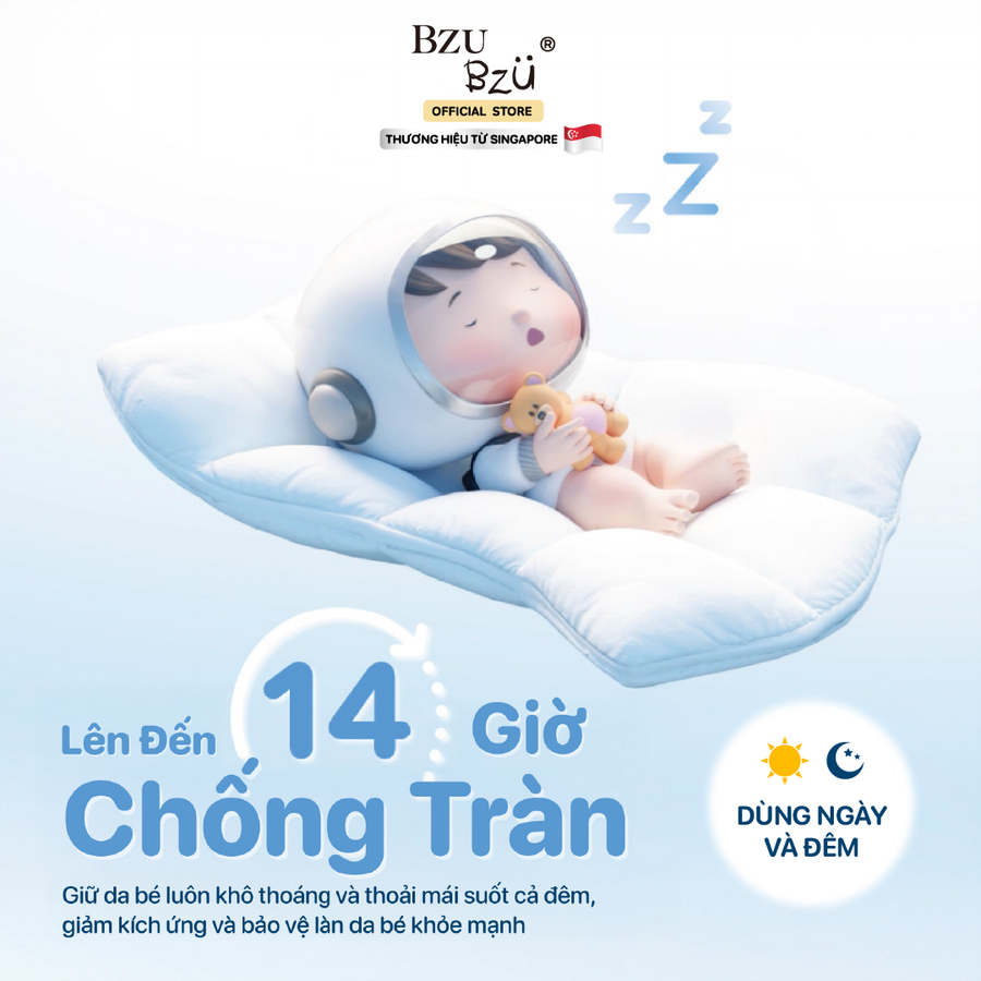Tã dán dành cho bé sơ sinh BZUBZU VelvetBreeze - Chống tràn 14H - Khô thoáng - Size dưới 5Kg - 14Kg
