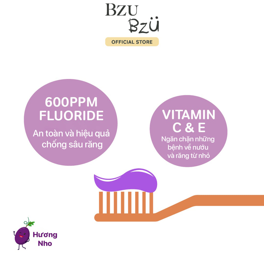Kem Đánh Trẻ Em Hương Nho BZU BZU Kids Toothpaste Grape Flavour (50g)
