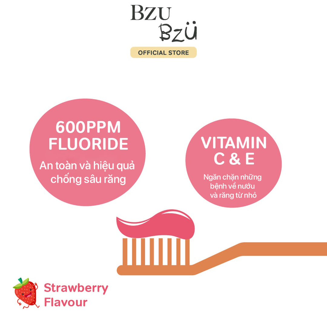 Kem Đánh Răng Trẻ Em Vị Dâu BZU BZU Kids Toothpaste Strawberry Flavour (50g)