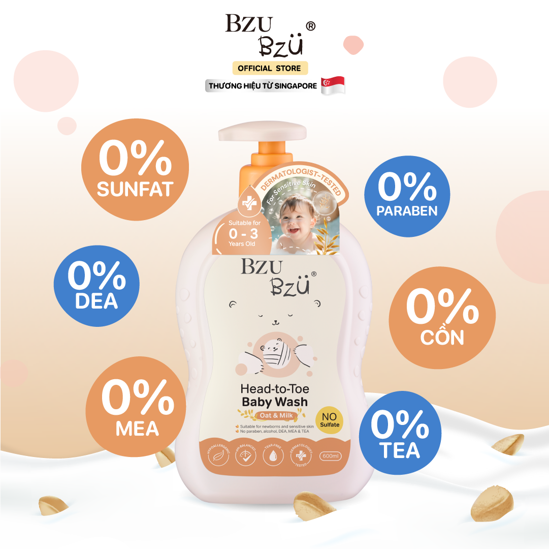 Sữa Tắm Gội Toàn Thân Cho Bé Hương Yến Mạch Sữa BZU BZU Head to Toe Oat & Milk, 600ml