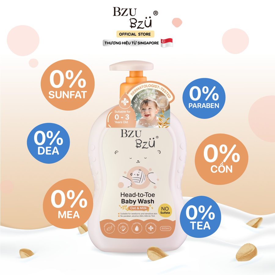 Sữa Tắm Gội Toàn Thân Cho Bé Hương Yến Mạch Sữa BZU BZU Head to Toe Oat & Milk, 600ml