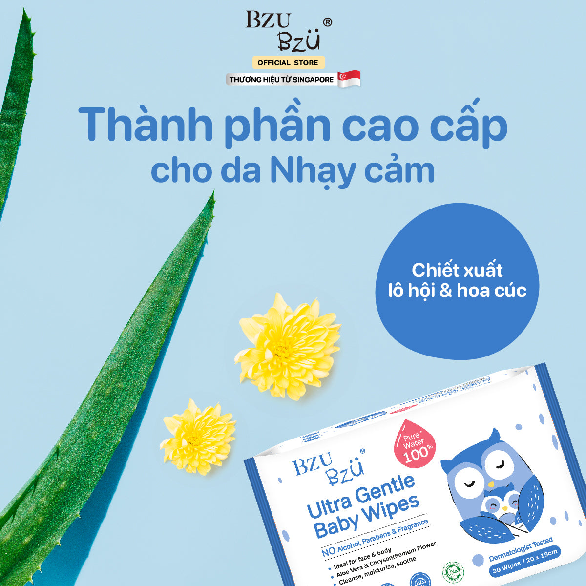 Khăn Ướt Dịu Nhẹ Em Bé BZU BZU Ultra Gentle Fragrance Free Baby Wet Wipes, 30 tờ