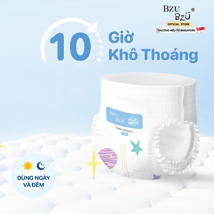 Tã quần dành cho bé sơ sinh BZUBZU VelvetBreeze - Chống tràn 14H - Khô thoáng - Size dưới 6Kg - 15Kg