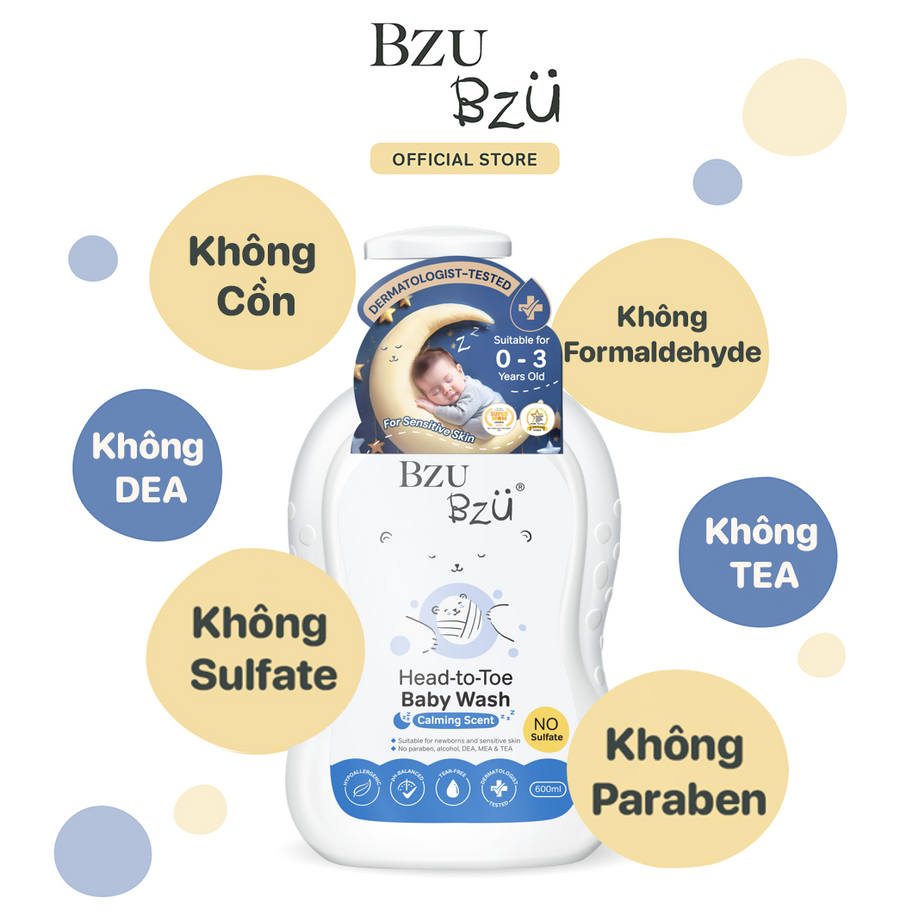Sữa Tắm Gội Toàn Thân Cho Bé BZU BZU Head to Toe Baby Wash 600ml (Hương thư giãn)