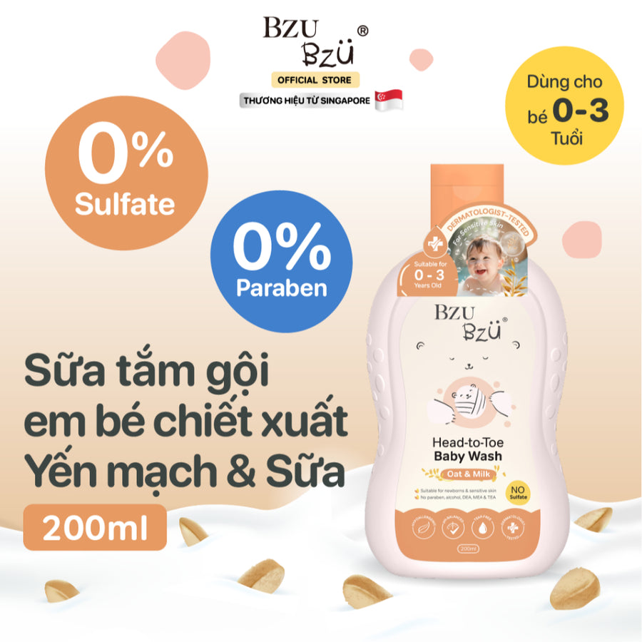 Sữa Tắm Gội Toàn Thân Cho Bé Hương Yến Mạch Sữa BZU BZU Head to Toe Oat & Milk, 200ml