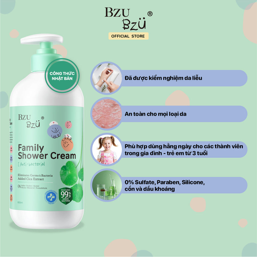 Sữa Tắm Gia Đình  Bzu Bzu Family Shower Cream Anti-Bacterial 800ML