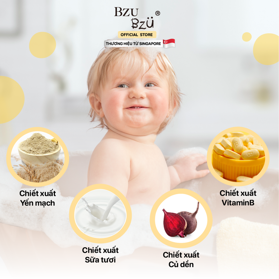 Sữa Tắm Gội Toàn Thân Cho Bé Hương Yến Mạch Sữa BZU BZU Head to Toe Oat & Milk, 600ml