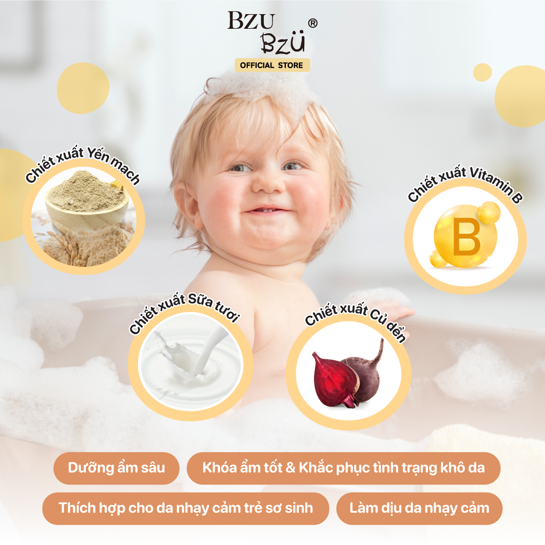 Sữa Tắm Gội Toàn Thân Cho Bé Hương Yến Mạch Sữa BZU BZU Head to Toe Oat & Milk, 200ml