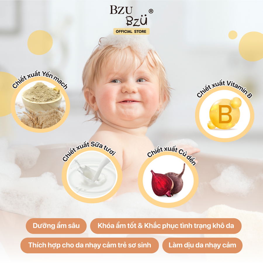 Sữa Tắm Gội Toàn Thân Cho Bé Hương Yến Mạch Sữa BZU BZU Head to Toe Oat & Milk, 200ml