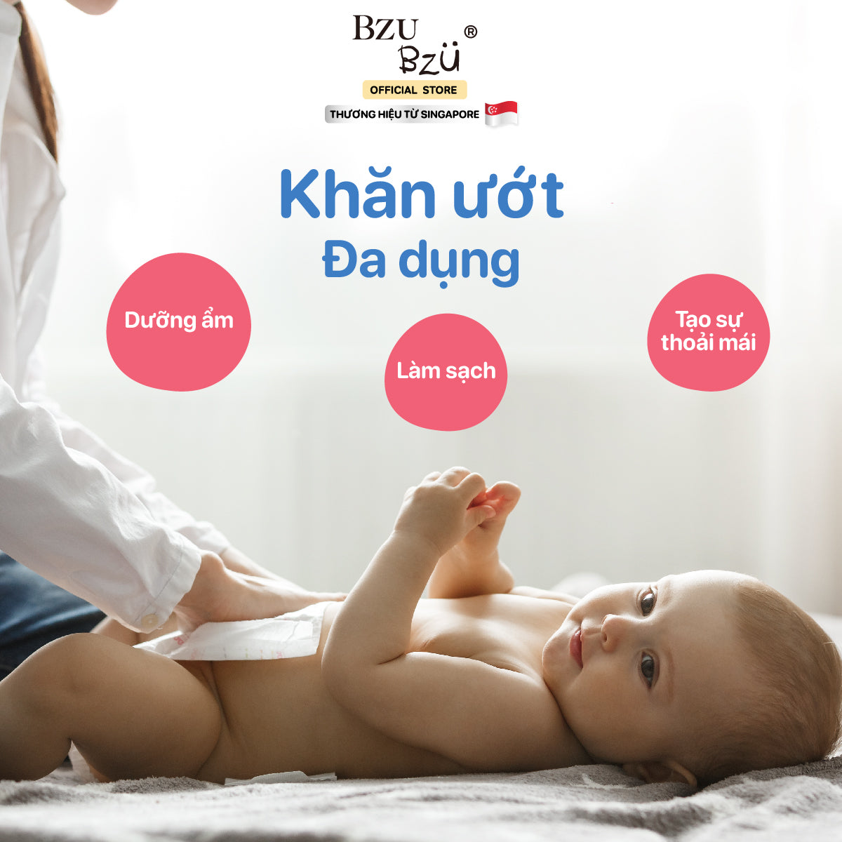 Khăn Ướt Dịu Nhẹ Em Bé BZU BZU Ultra Gentle Fragrance Free Baby Wet Wipes, 30 tờ