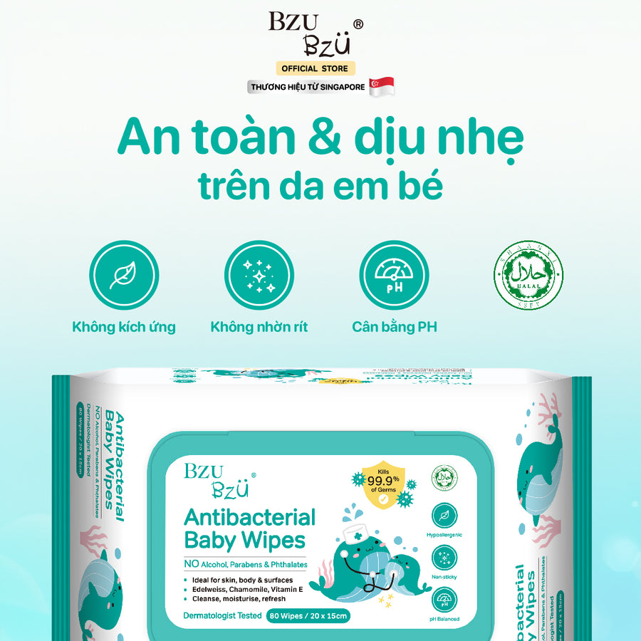 Khăn Ướt Diệt Khuẩn Cho Bé BZU BZU Baby Wipes, 80 tờ