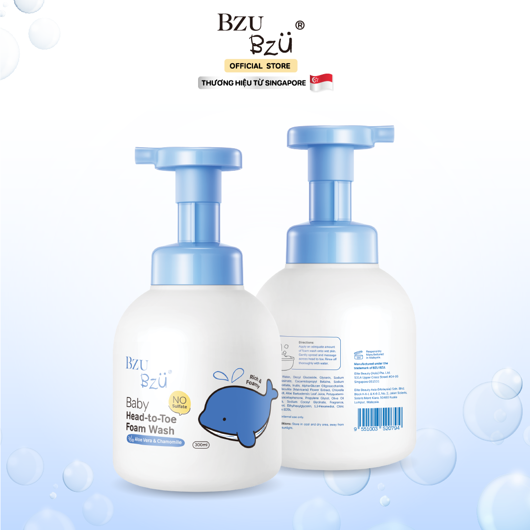 Sữa tắm gội toàn thân tạo bọt cho bé (Lô hội & Cúc La Mã) BZU BZU Baby Head-to-Toe Foam Wash (Aloe Vera & Chamomile) - 300ml