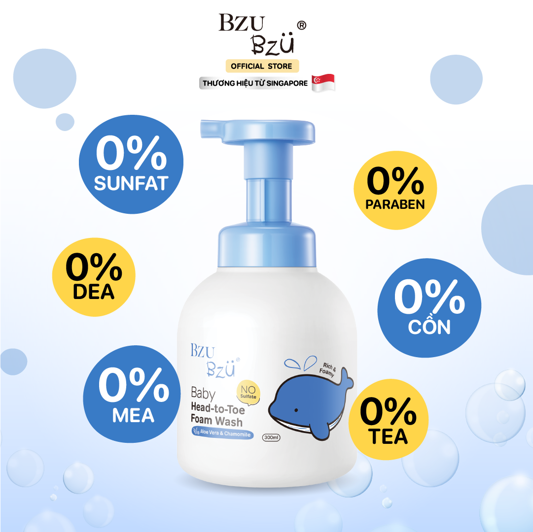 Sữa tắm gội toàn thân tạo bọt cho bé (Lô hội & Cúc La Mã) BZU BZU Baby Head-to-Toe Foam Wash (Aloe Vera & Chamomile) - 300ml