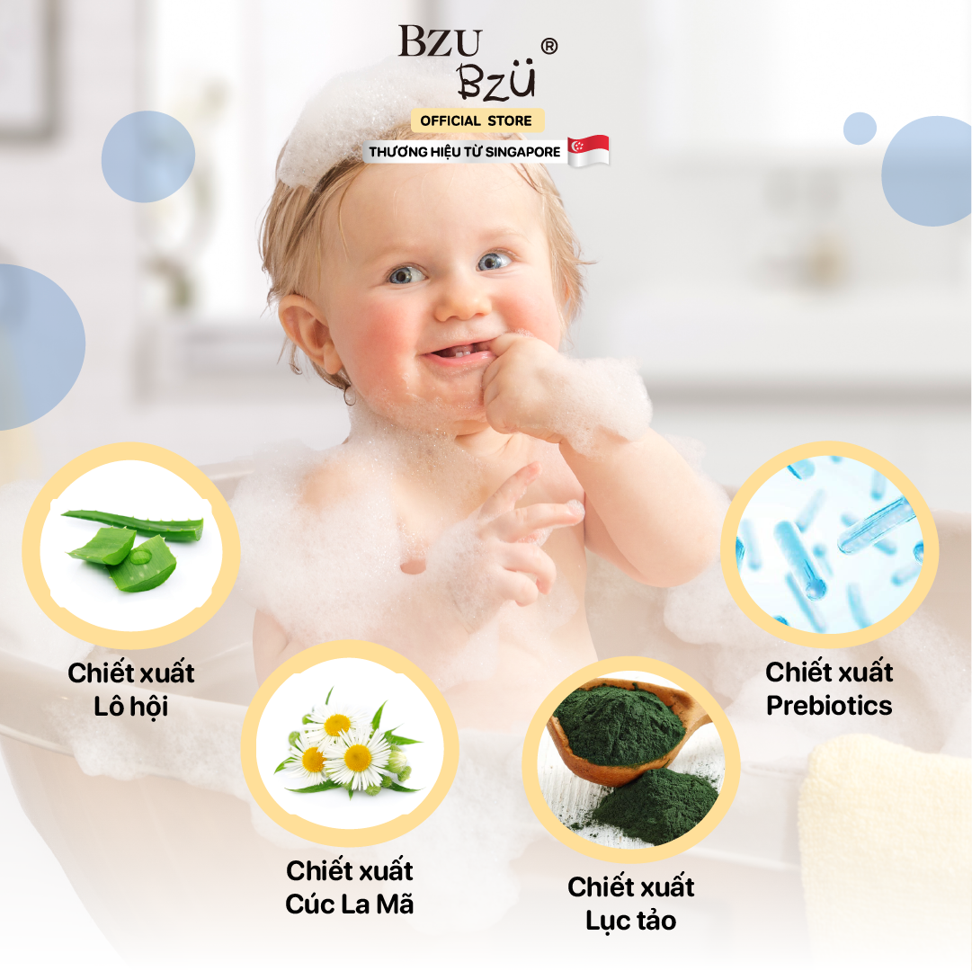 Sữa tắm gội toàn thân tạo bọt cho bé (Lô hội & Cúc La Mã) BZU BZU Baby Head-to-Toe Foam Wash (Aloe Vera & Chamomile) - 300ml