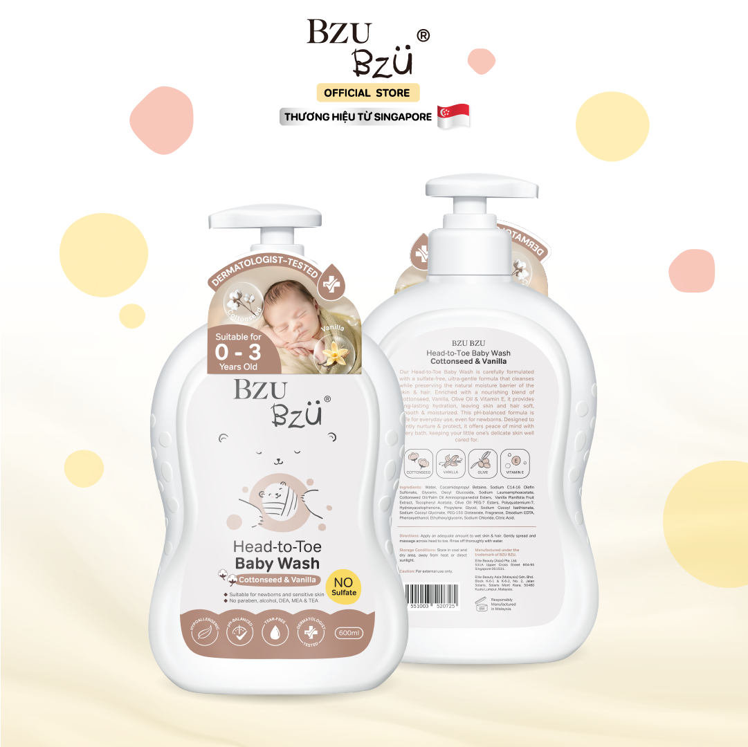 Sữa tắm gội toàn thân em bé (Tinh chất hạt bông & vani) BZU BZU Head-to-Toe Baby Wash (Cottonseed & Vanilla) - 600ml