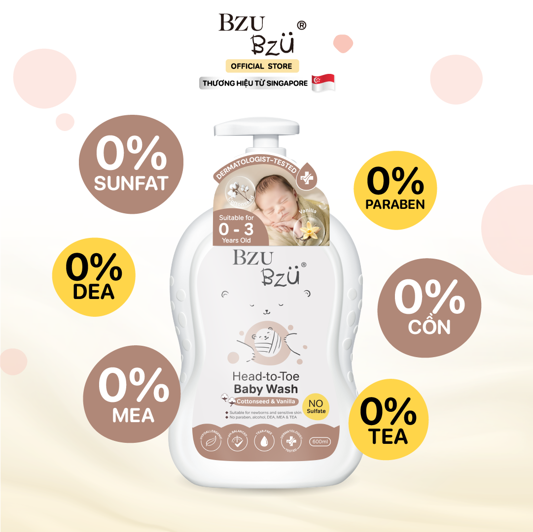 Sữa tắm gội toàn thân em bé (Tinh chất hạt bông & vani) BZU BZU Head-to-Toe Baby Wash (Cottonseed & Vanilla) - 600ml