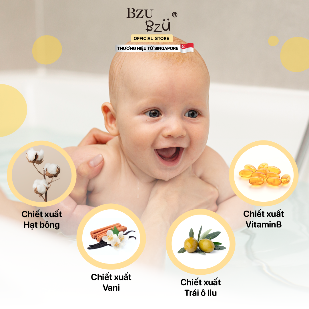 Sữa tắm gội toàn thân em bé (Tinh chất hạt bông & vani) BZU BZU Head-to-Toe Baby Wash (Cottonseed & Vanilla) - 600ml