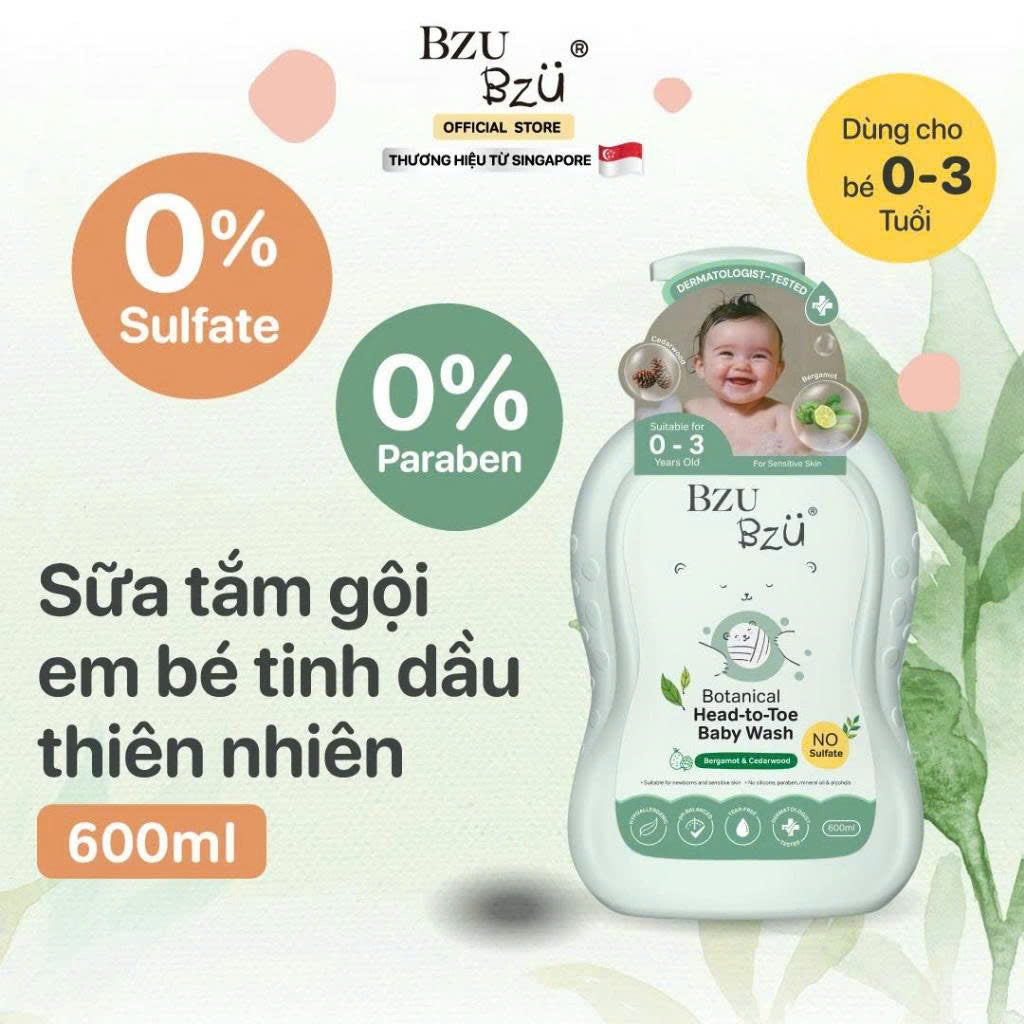 Sữa Tắm Gội Toàn Thân Em Bé BZU BZU Baby Head to Toe Wash Botanical Tinh dầu thiên nhiên 600ml