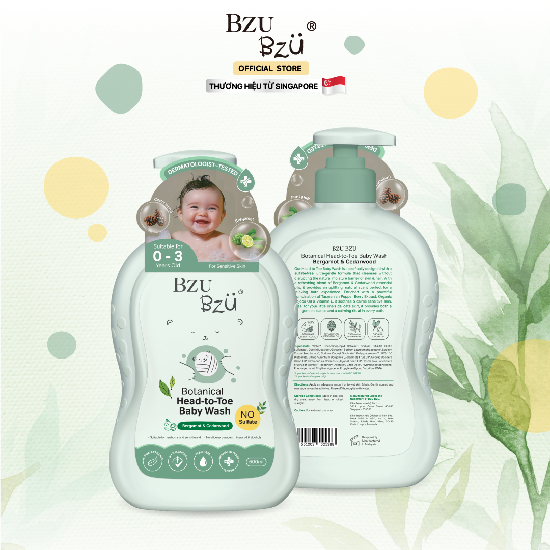 Sữa Tắm Gội Toàn Thân Em Bé BZU BZU Baby Head to Toe Wash Botanical Tinh dầu thiên nhiên 600ml