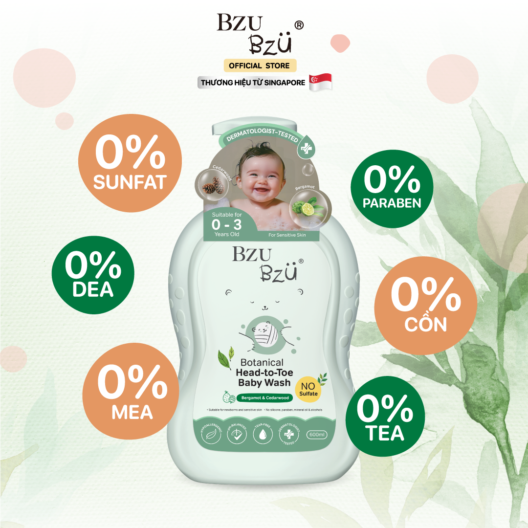 Sữa Tắm Gội Toàn Thân Em Bé BZU BZU Baby Head to Toe Wash Botanical Tinh dầu thiên nhiên 600ml