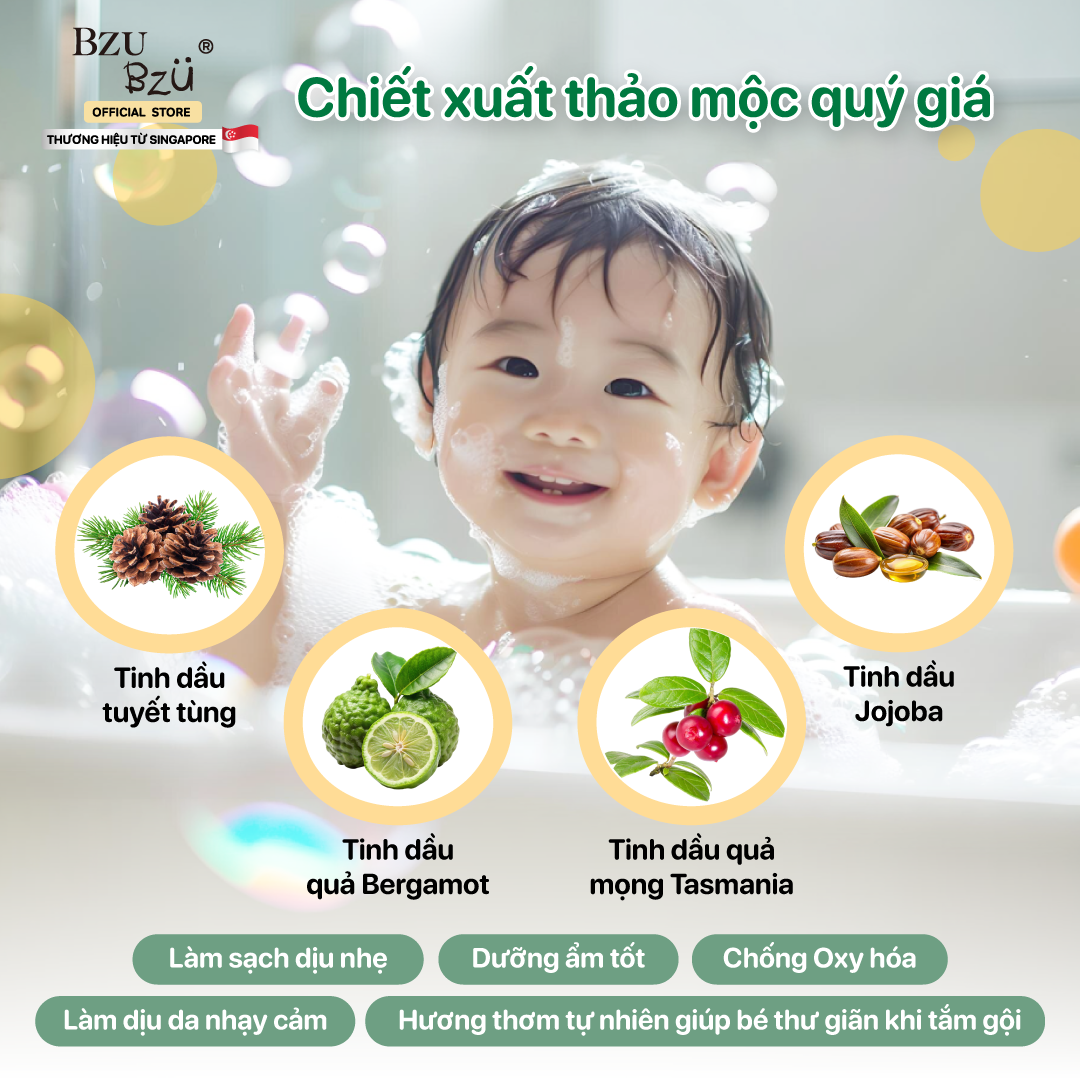 Sữa Tắm Gội Toàn Thân Em Bé BZU BZU Baby Head to Toe Wash Botanical Tinh dầu thiên nhiên 600ml