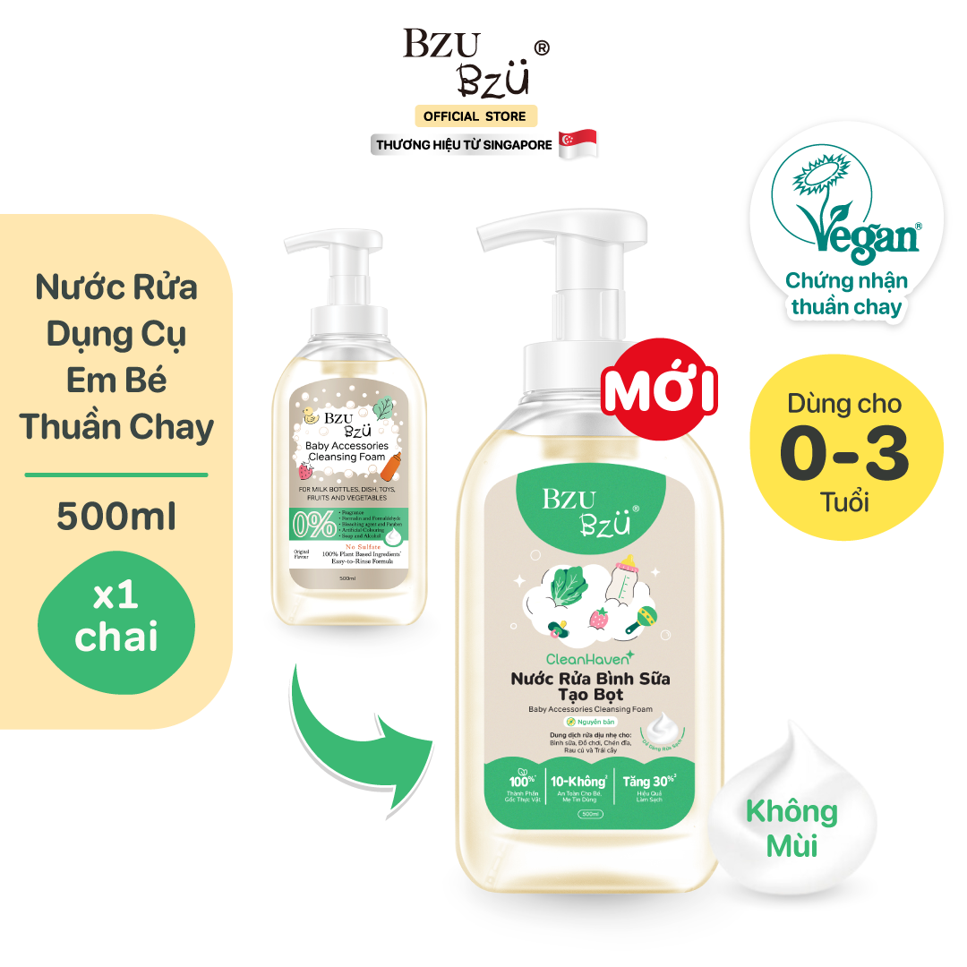 [PHIÊN BẢN MỚI] Nước Rửa Bình Sữa, Rau Củ Quả Và Đồ Dùng Em Bé Thuần Chay BZU BZU CleanHaven Tạo Bọt 500ml, Không Mùi