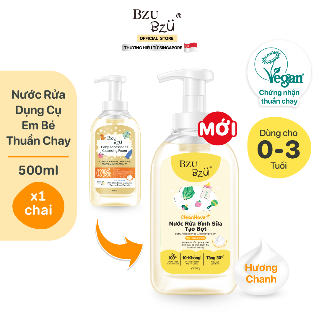 [PHIÊN BẢN MỚI] Nước Rửa Bình Sữa, Rau Củ Và Đồ Dùng Em Bé Thuần Chay BZU BZU Cleansing Foam CleanHaven Tạo Bọt 500ml - Hương Chanh