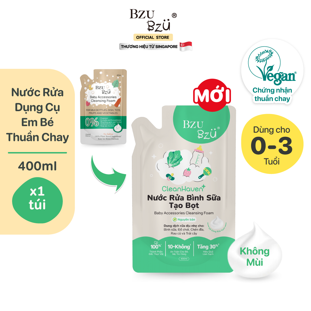 [PHIÊN BẢN MỚI] Túi Nước Rửa Bình Sữa, Rau Củ, Đồ Dùng Em Bé Thuần Chay BZU BZU CleanHaven Túi 400ml, Không Mùi