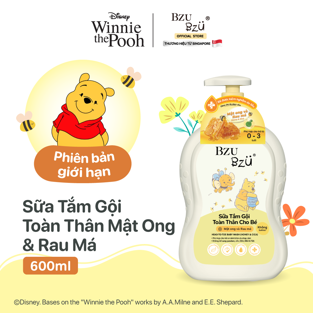 Sữa Tắm Gội Toàn Thân Em Bé Mật Ong & Rau Má BZU BZU Head-To-Toe Baby Wash Dịu Nhẹ An Toàn 600ml