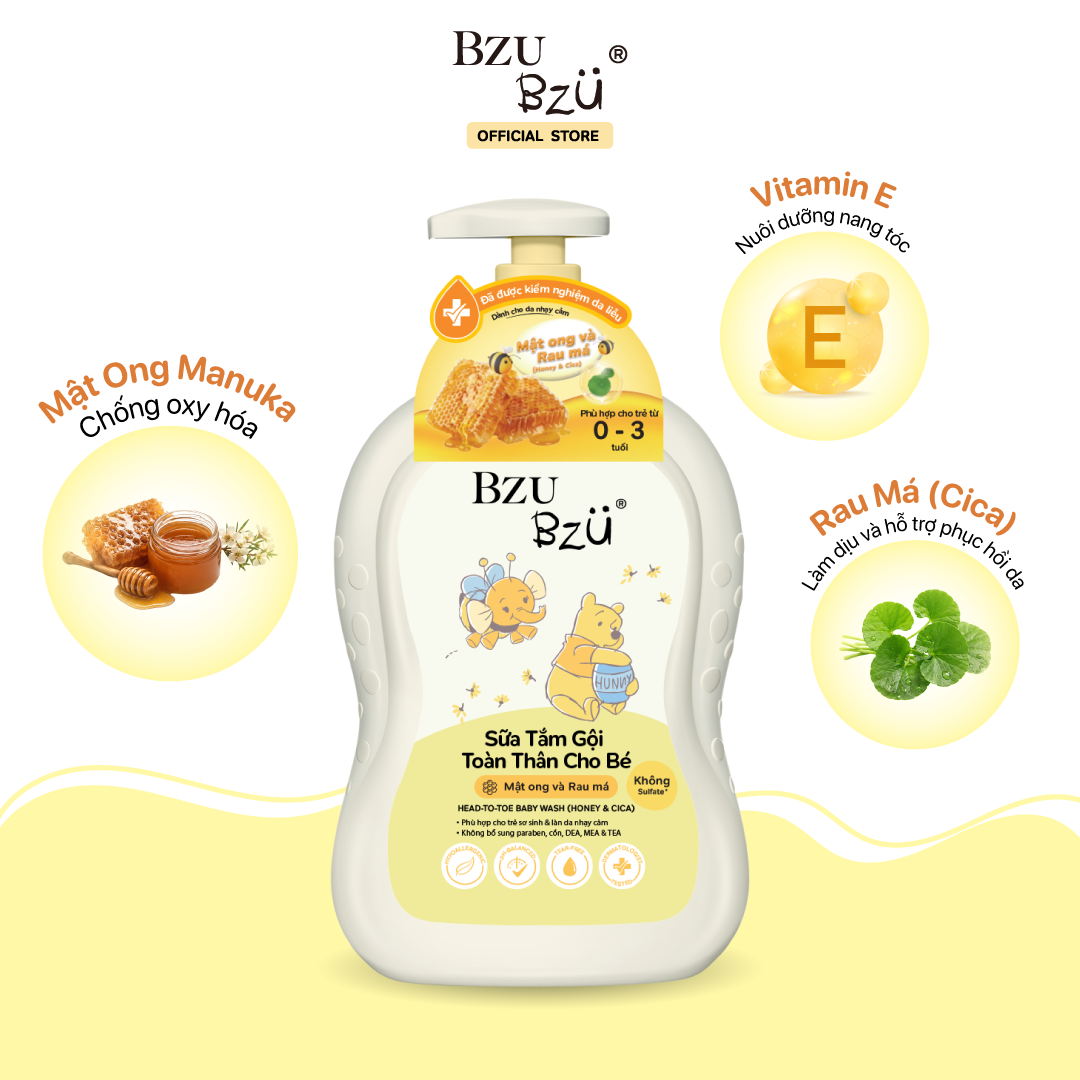 Sữa Tắm Gội Toàn Thân Em Bé Mật Ong & Rau Má BZU BZU Head-To-Toe Baby Wash Dịu Nhẹ An Toàn 600ml