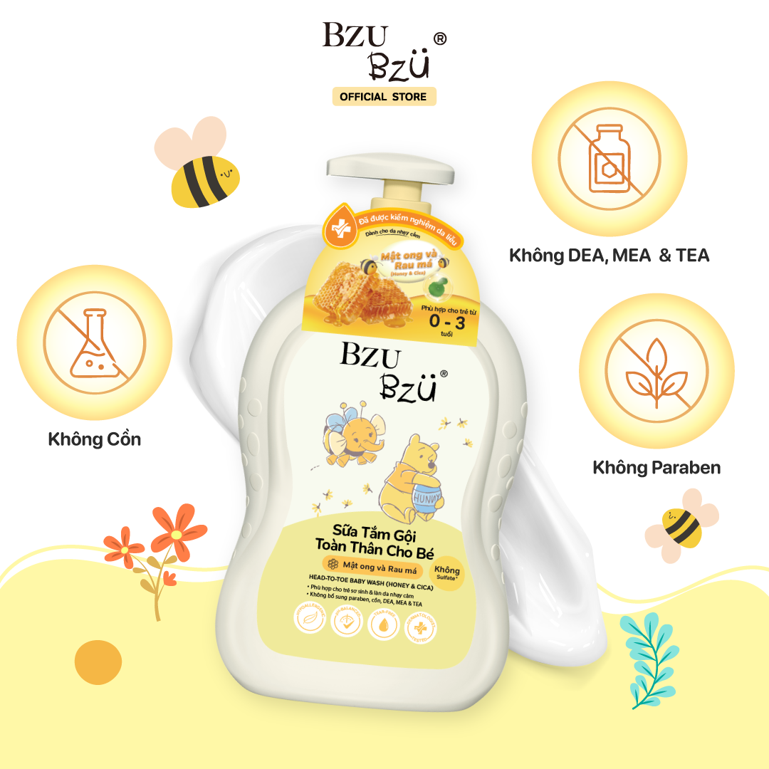 Sữa Tắm Gội Toàn Thân Em Bé Mật Ong & Rau Má BZU BZU Head-To-Toe Baby Wash Dịu Nhẹ An Toàn 600ml