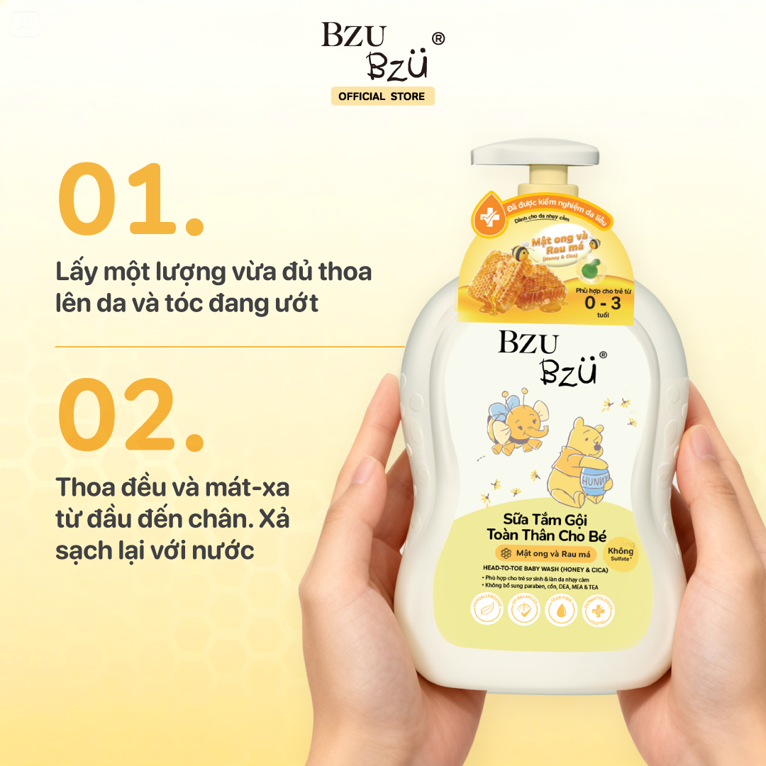 Sữa Tắm Gội Toàn Thân Em Bé Mật Ong & Rau Má BZU BZU Head-To-Toe Baby Wash Dịu Nhẹ An Toàn 600ml