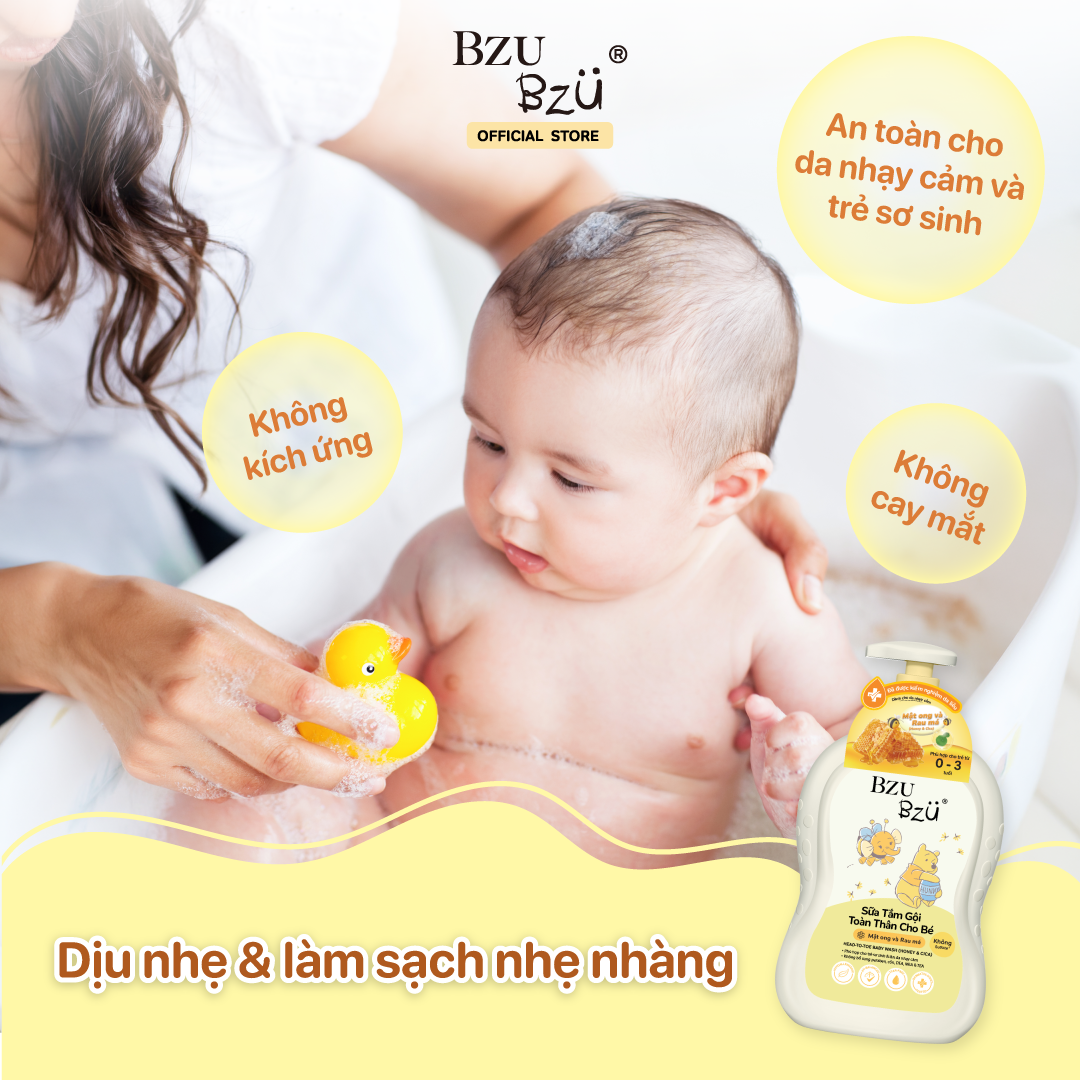 Sữa Tắm Gội Toàn Thân Em Bé Mật Ong & Rau Má BZU BZU Head-To-Toe Baby Wash Dịu Nhẹ An Toàn 600ml