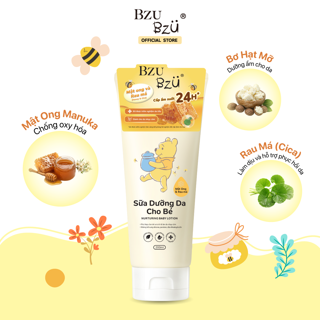 Sữa Dưỡng Da Em Bé Mật Ong & Rau Má BZU BZU Nurturing Baby Lotion Cấp Ẩm Giúp Da Mềm Mại 200ml