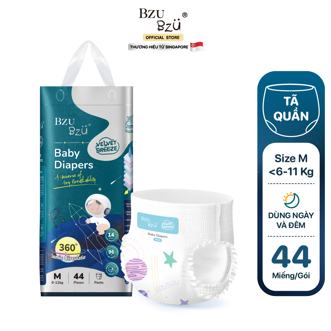 Tã quần dành cho bé sơ sinh BZUBZU VelvetBreeze - Chống tràn 14H - Khô thoáng - Size dưới 6Kg - 15Kg