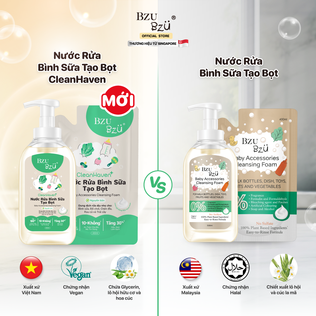 [PHIÊN BẢN MỚI] Nước Rửa Bình Sữa, Rau Củ Quả Và Đồ Dùng Em Bé Thuần Chay BZU BZU CleanHaven Tạo Bọt 500ml, Không Mùi