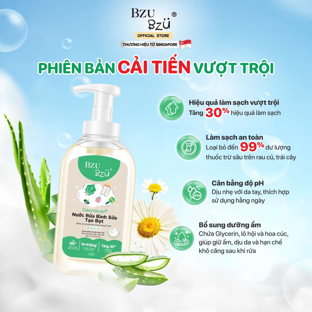 [PHIÊN BẢN MỚI] Nước Rửa Bình Sữa, Rau Củ Quả Và Đồ Dùng Em Bé Thuần Chay BZU BZU CleanHaven Tạo Bọt 500ml, Không Mùi